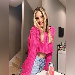 UO Ribbed Cropped Button Down Top